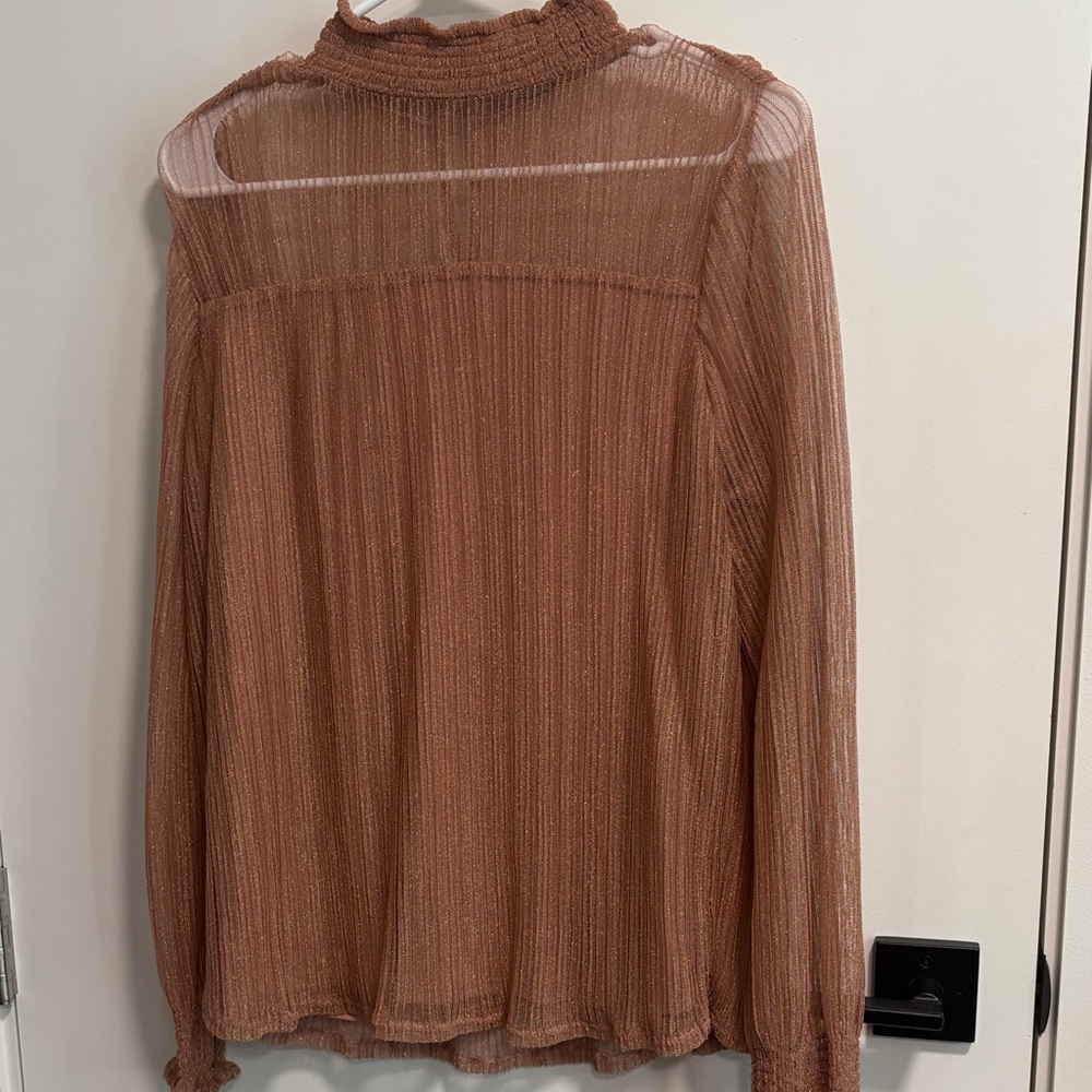 Adrianna Papell Sheer Ribbed Mock Neck Blouse in Pink with Gold Threading